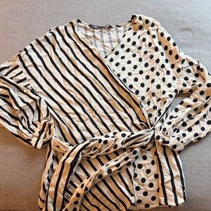 Zara Black and White Striped & Polka Dot wraparound Top